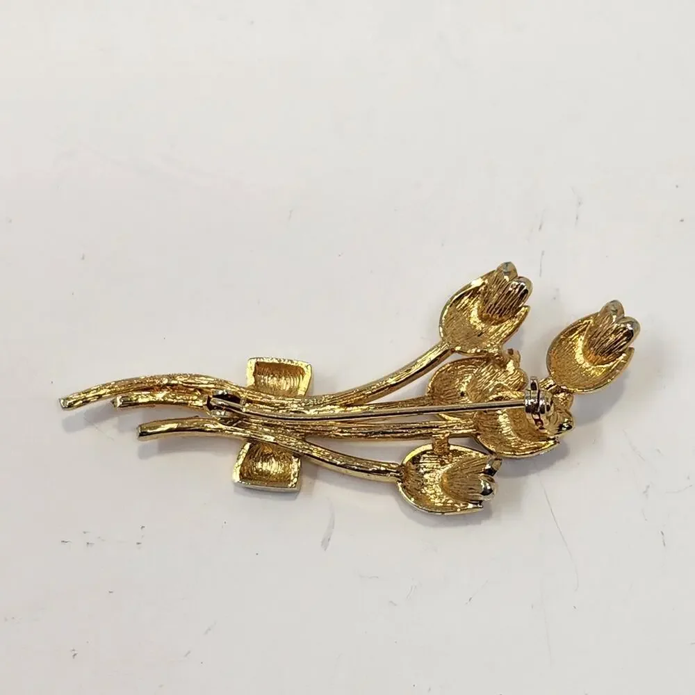 Tulip Bouquet Gold Tone Clear Rhinestone Brooch Flowers Floral Costume Jewelry